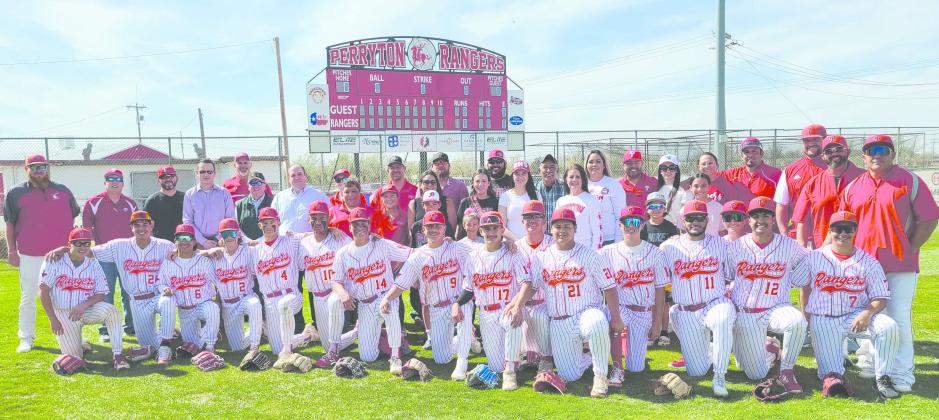 A new scoreboard for the Perryton High School Rangers baseball team was dedicated on Friday, April 5. The cost of the new scoreboard was $25,000, with sponsors including Elite Oilfield Services, Perryton National Bank, Plains Land Bank, KXDJ 98.3, Keith Potts, Elite Fishing and Rental, Farmers Insurance, N5 Wireline, the Smokehouse, Schilling Electric, and El Patron 99.5. Elite Oilfield Services also installed the scoreboard. Pictured are members of the Ranger baseball team, sponsors, and well-wishers.