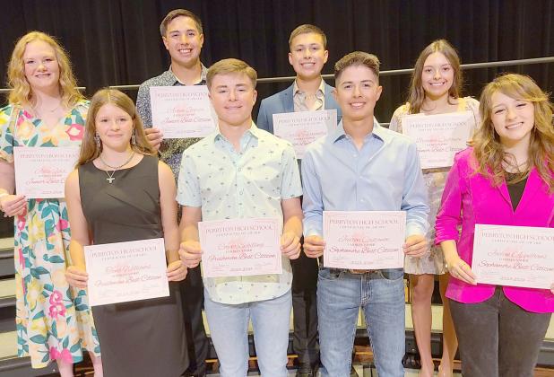 At the annual Perryton High School awards ceremony on Wednesday, May 1, students in each class were honored as the Best Citizens. Pictured are, from left, front row, freshmen Tana Williams and Cooper Schilling, and sophomores Jaxten Castanon and Jaelan Appelhans; back row, juniors Adlee Felix and Avaun Garcia, and seniors Carlos Hernandez and Breanna Castanon.