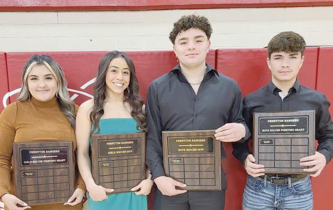 SOCCER TEAMS’ TOP PLAYERS HONORED— Perryton High School’s new soccer teams were honored at the annual Perryton High School All Sports Awards Banquet on May 1. Pictured are, from left, Dennise Gomez, girls team Fighting Heart award winner; Genesis Flores, girls team MVP; Stetson Garcia, boys team MVP; and Iram Castillo, boys team Fighting Heart award winner.