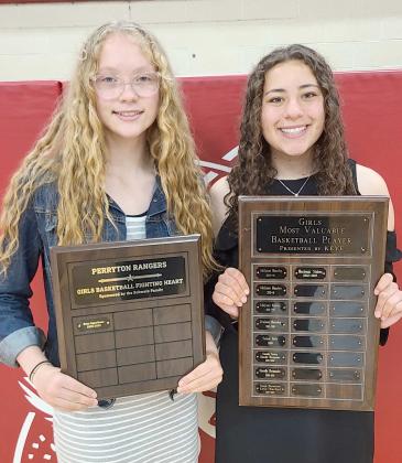 HONOREES IN GIRLS HOOPS— Perryton High School’s girls basketball team was honored on May 1 at the Perryton High School All Sports Awards Banquet. Pictured are, from left: Brya Appelhans, winner of the Fighting Heart award, and MVPs Mackenzi Stokes.