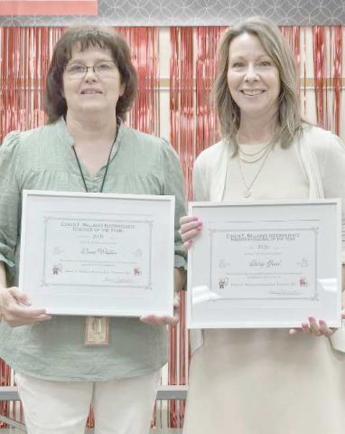 Williams Intermediate Elementary School recognized the school’s Teacher of the Year and the Paraprofessional of the Year. Pictured are, from left, Paraprofessional of the Year Sherry Good and Teacher of the Year Dana Walker.