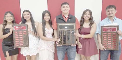 Perryton High School’s powerlifting teams were recognized at the All Sports Awards Banquet on May 4 at the high school. Pictured are, from left, Crystal Anaya and Nevaeh Martinez, who were named the girls team’s Outstanding Powerlifters; Doris Navarrete, Abel Lucero, and Ivay Hernandez, who received the Fighting Heart awards; and Angel Flores, the boys team’s Outstanding Powerlifter.