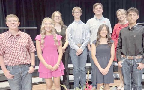 At the annual Perryton High School awards ceremony on Tuesday, May 12, students in each class were honored as the Best Citizens. Pictured are, from left, front row: freshmen Brycen Fletcher and Alexa Vela, and sophomores Kayman Vanosdol and Abraham Gonzalez; back row: juniors Addison Brown and Jacob Schickedanz, and seniors Jaelan Appelhans and Liam Drum.