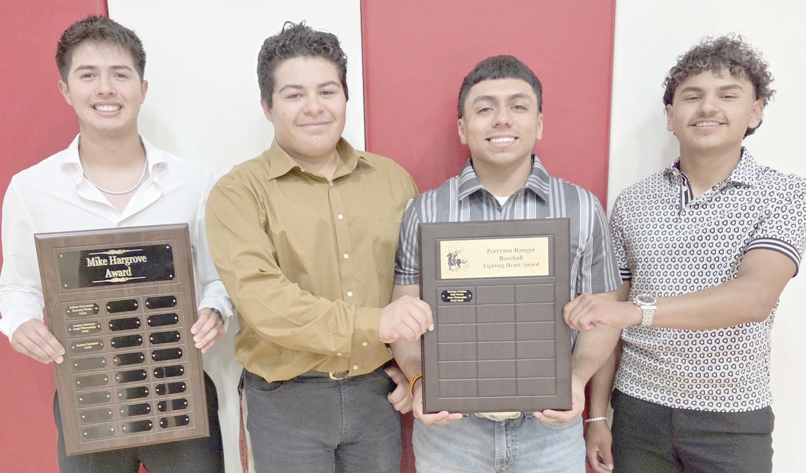 Perryton High School’s baseball players were honored at the All Sports Awards Banquet, held on May 4 at the school’s Rangerette Gym. Pictured are, from left, Jaxten Castanon, winner of the Mike Hargrove Award, and Jeremiah Hernandez, Saul Garcia, and Enrique Canssino, who shared the team’s Fighting Heart award.