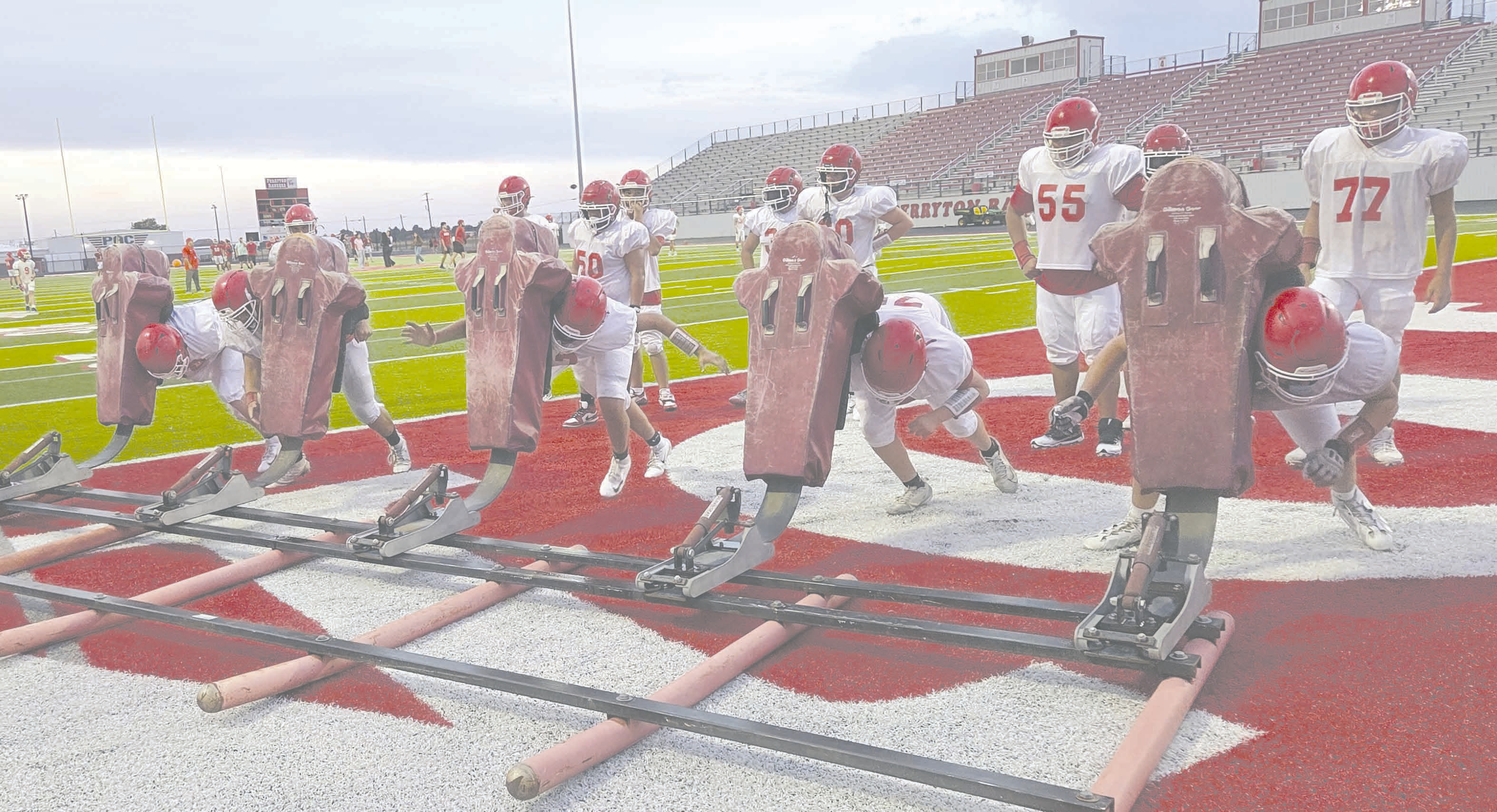 Perryton High School’s football teams are continuing daily practices as they prepare for the upcoming season. Linemen have been hard at work on the blocking sleds, building up strength and improving their blocking skills. Varsity, junior varsity, and freshman Rangers will play a scrimmage against the Bushland Falcons on Thursday, Aug. 20, here at home. The freshmen and JV will kick off at 5 p.m., while the varsity starts at 6:15 p.m.