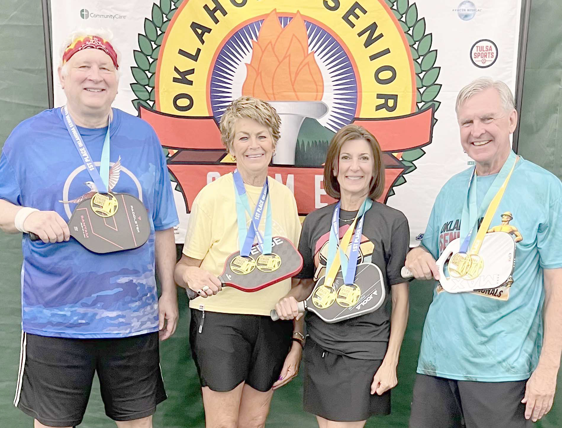 PICKLEBALL TOURNEY WINNERS—Four pickleball players from the Perryton and Booker area competed in the Oklahoma Senior Games Aug. 79 in Oklahoma City. All four qualified to attend the 2027 National Senior Games in Tulsa, OK June 30-July 11, 2027. Winning gold medals were Gary Rinker and Shirley Howard, 60-64 age division; Rinker and Rick LaFollette, 55-64 age division; Howard and Dunlavy, 65-69 age division; and LaFollette in the 75-79 age division. LaFollette and Dunlavy also won bronze in the 60- 64 age div