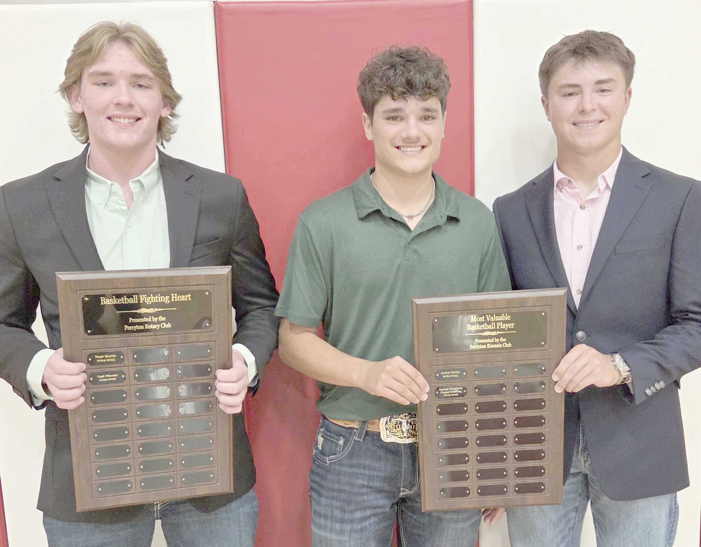 Perryton High School’s boys basketball team was honored on May 4 at the Perryton High School All Sports Awards Banquet. Pictured are, from left: Cash Wheeler, winner of the Fighting Heart award, and Keenan Daugherty and Cooper Schilling, who received the boys MVP award.
