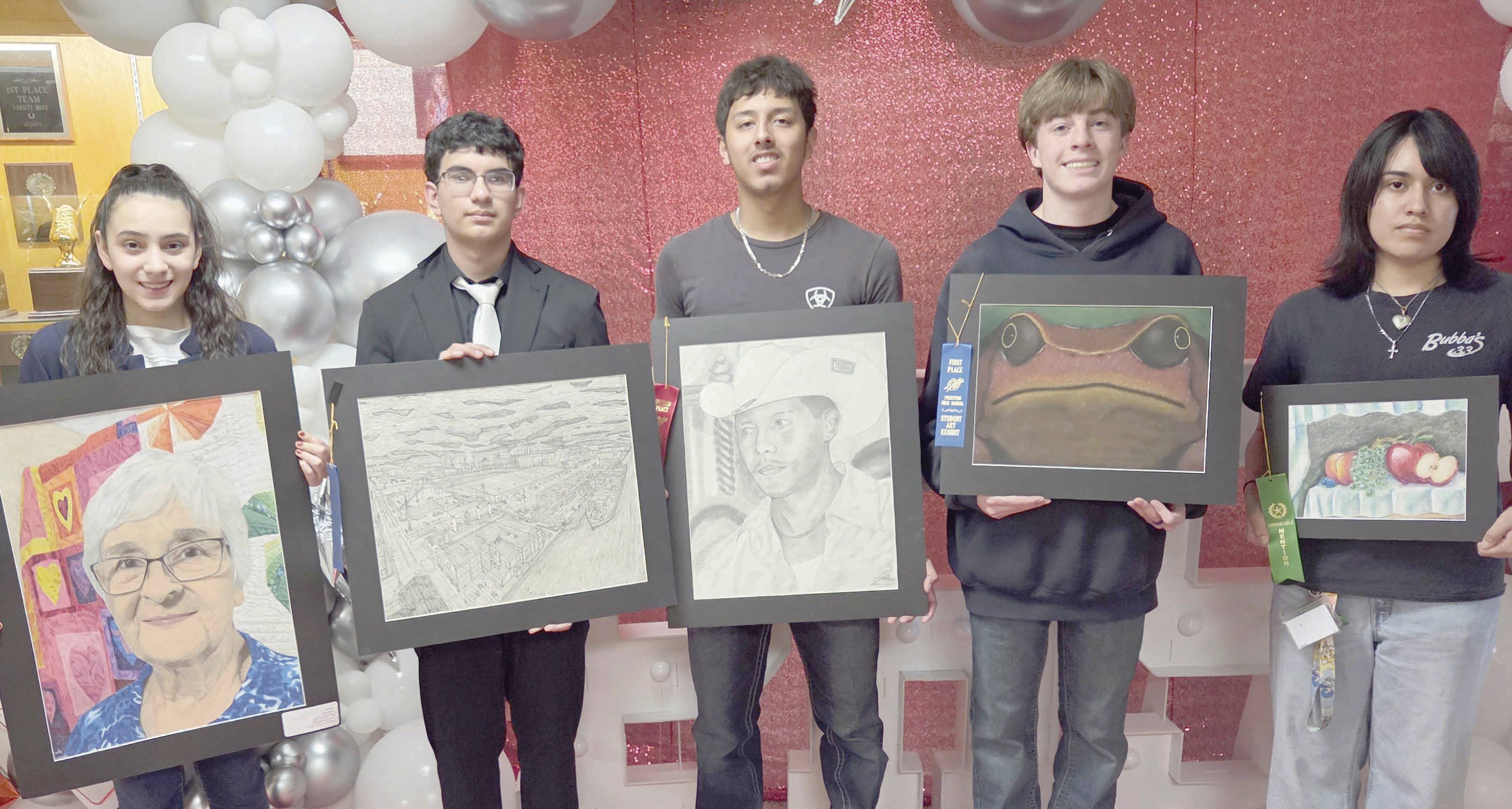During Perryton High School’s annual art show, art judges presented awards for the Best Portfolios in the show. Winners are, from left, Sadie Cummins (Art 4), Edgar Villa (Art 3), Jonathon Gamez (Art 2), Jaxon Brown (Art 1), and Sara Flores (Art 1). Each portfolio winner received a $25 cash prize.