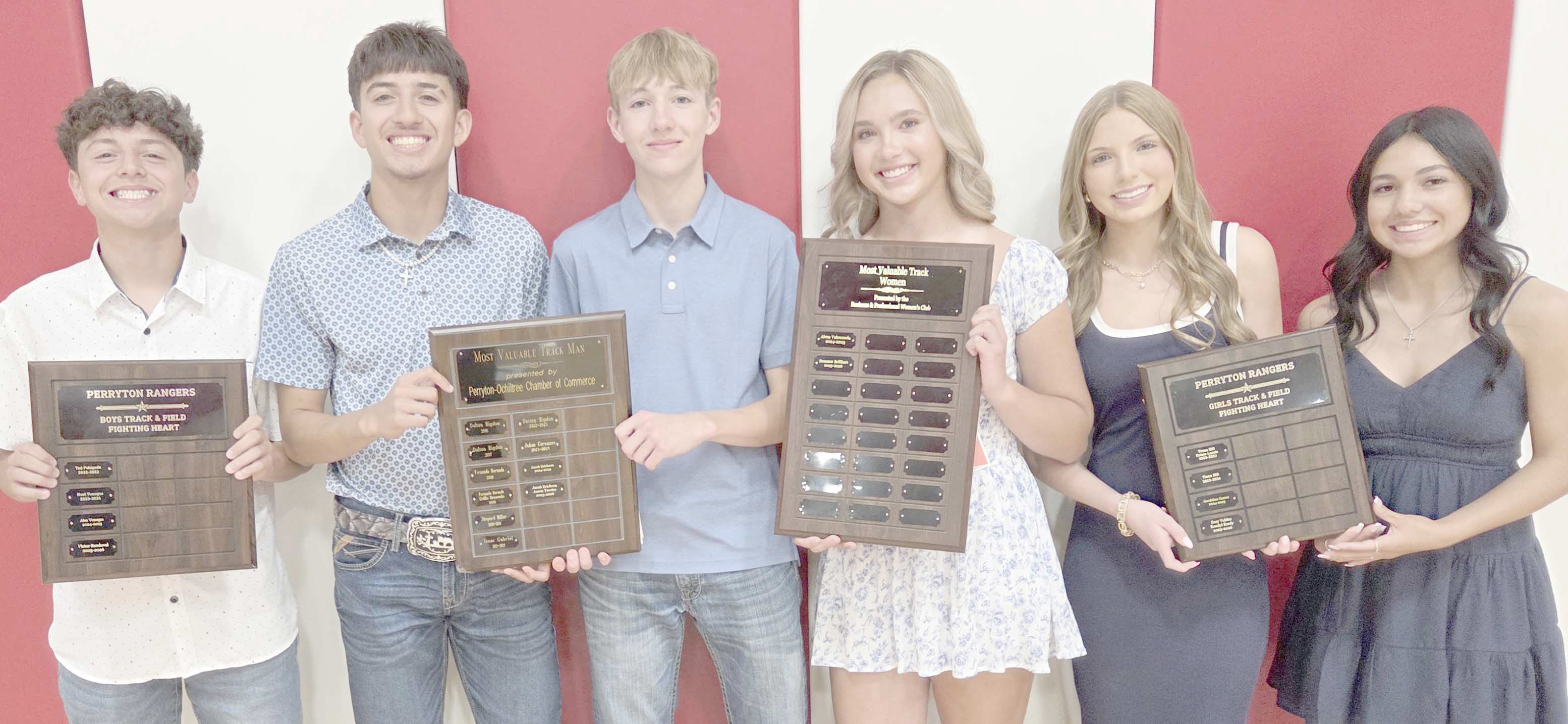 Perryton High School’s track team was honored on May 4 at the Perryton High School All Sports Awards Banquet. Pictured are, from left: Victor Sandoval, boys Fighting Heart winner; Aaron Trevizo and Jacob Erickson, boys MVPs; Summer Brillhart, girls MVP; and Kendyl Brady and Zoey Valdez, girls Fighting Heart winners.