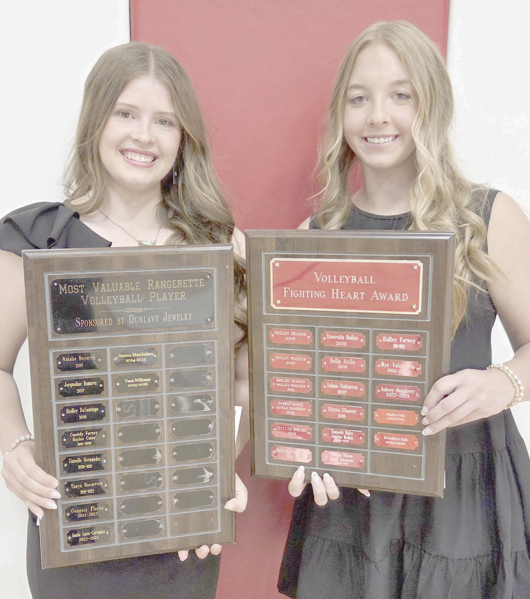 Perryton High School’s volleyball team was honored at the Perryton High School All Sports Awards Banquet. Pictured are, from left: Tana Williams, the team’s MVP, and Brooklyn Kile, winner of the Fighting Heart award.