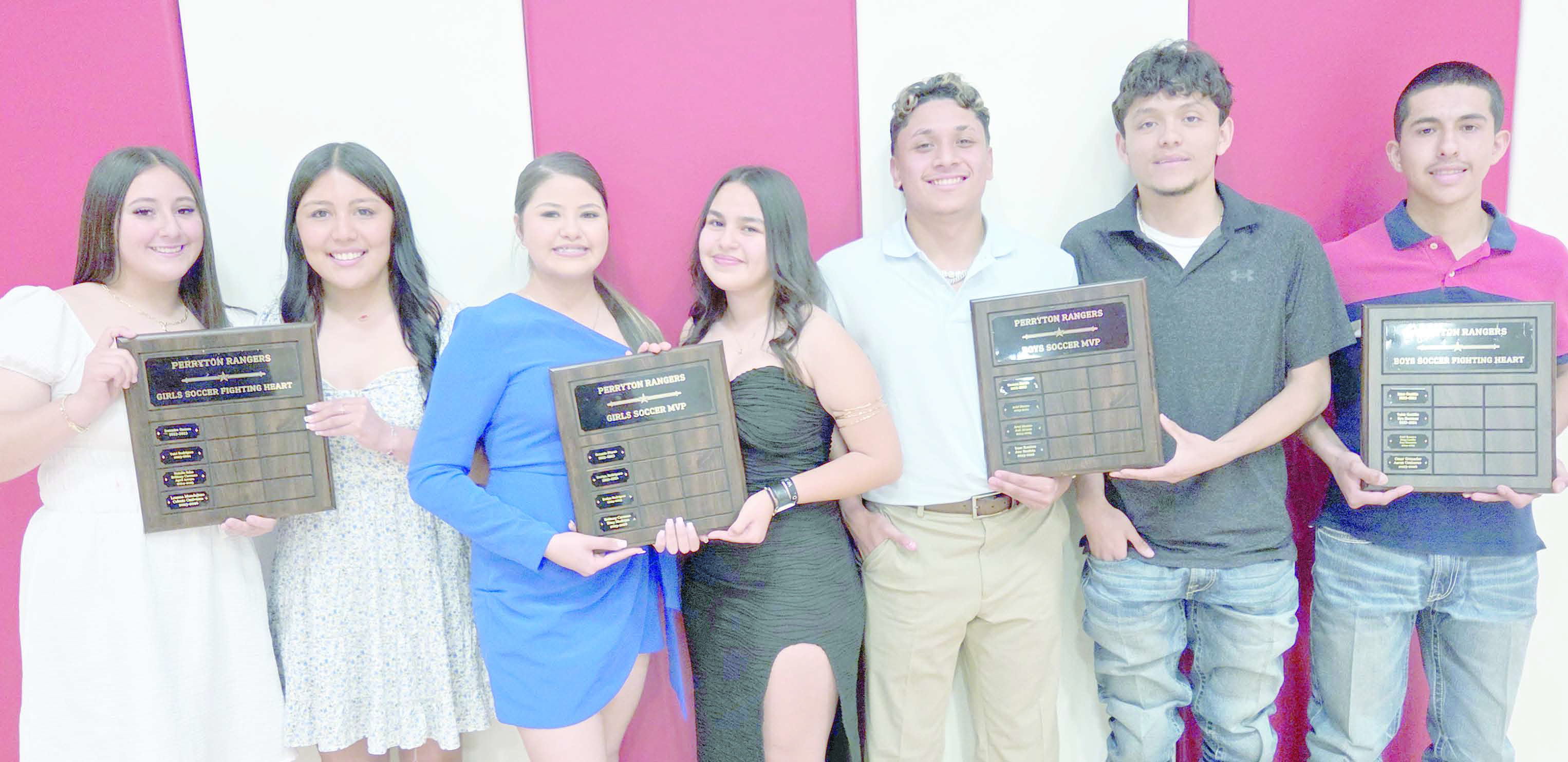 Perryton High School’s boys and girls soccer teams were recognized on May 4 at the All Sports Awards Banquet at the high school’s Rangerette Gym. Pictured are, from left, Leanna Mandujano and Celeste Ontiveros, who shared the girls Fighting Heart award; Brittany Carrasco and Eimy Medrano, the girls MVPs; Isaac Ramirez and Jose Bautista, the boys team’s MVPs; and Omar Granados, winner of the boys Fighting Heart award. Not pictured is Aaron Ceniceros, who also won the boys Fighting Heart award.