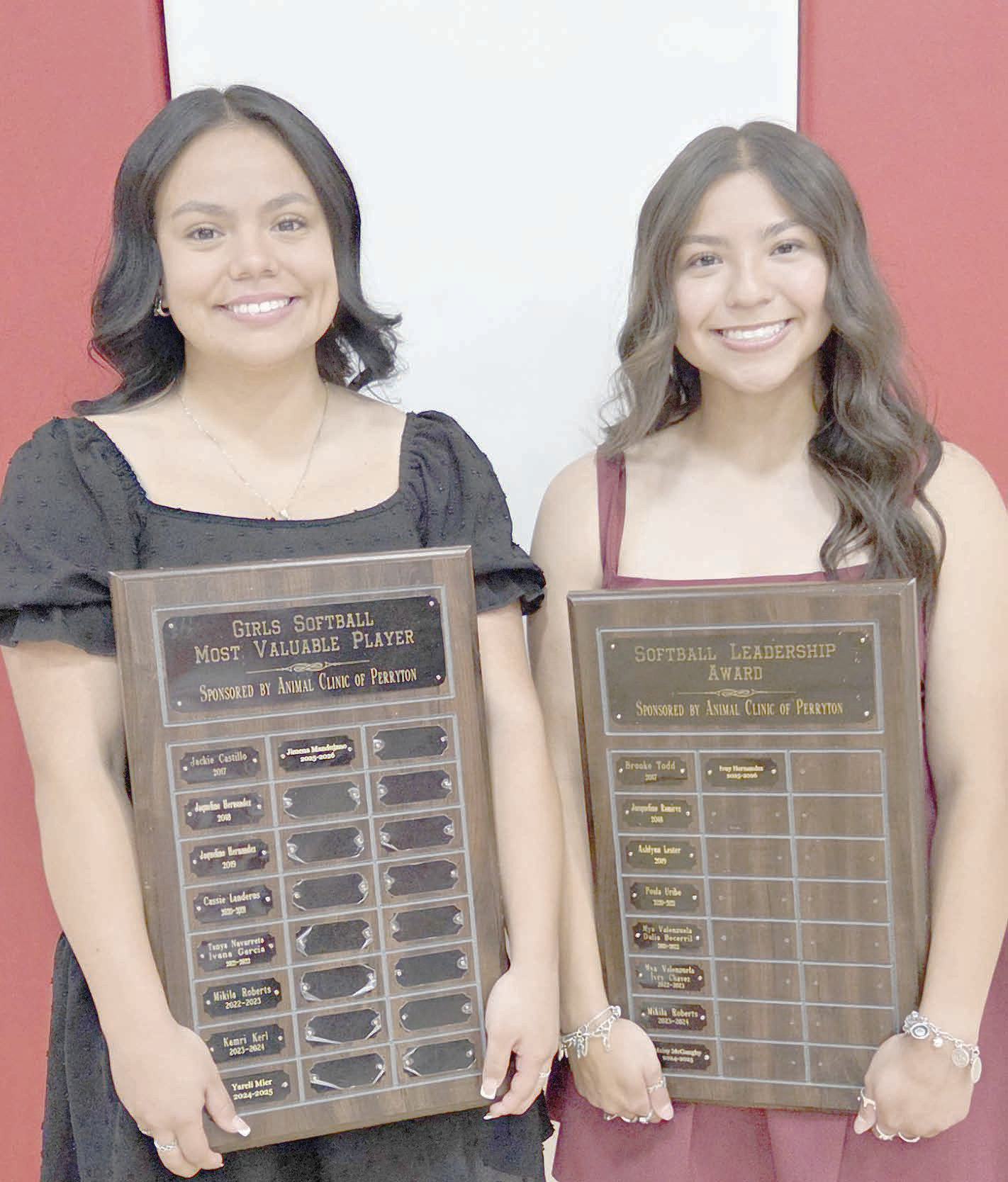 Perryton High School’s softball team was honored on May 4 at the Perryton High School All Sports Awards Banquet. Pictured are, from left, Jimena Mandujano, the team’s Most Valuable Player, and Ivay Hernandez, recipient of the Leadership Award.