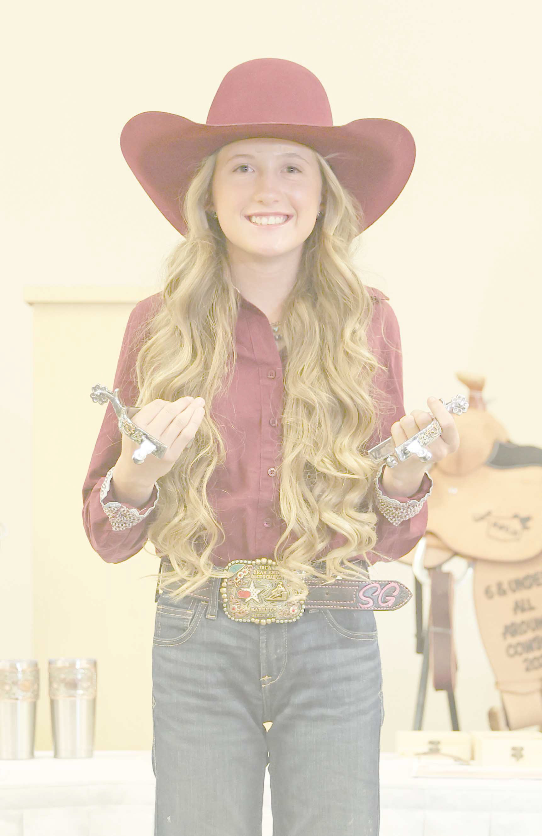 Scarlett Thomas, 13, granddaughter of Harold and Susan Courson, was awarded a set of spurs for the Oakland Dahmer Award by the Oklahoma Junior Rodeo Association. Thomas received the award for her sportsmanship and encouragement toward others. Thomas attends Fort Elliott High School in Briscoe. Thomas has also been awarded year-end champion in barrel racing, reserve year-end champion in pole bending, fifth place year-end champion in goat tying, and all-around third place year-end champion.