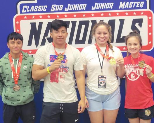 NATIONAL CHAMPIONS Four Perryton High School powerlifters competed in the National Meet in Orlando, FL, earning three national championships and one runner-up. Pictured, from left, are runner-up Jonathan Becerril, and national champions Christian Laja, Alejandra Salas and Saleen Nyman. All four were invited to join Team USA for the world championships in Istanbul, Turkey.