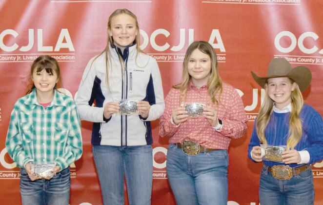 JUNIOR RESERVE CHAMPION SHOWMANSHIP—The Junior Reserve Champion Showmanship Awards were presented to students at the Ochiltree County Junior Livestock Show and Sale. Pictured are, from left: Chloe Richardson, Payton Schilling, Avery Swenhaugen, and Lakyn Boxwell. (Photo credit: Tessa Powell)