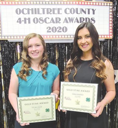 GOLD STAR AWARD WINNERS Ochiltree County 4-H held their annual awards ceremony Monday night at the Expo Center. Winners of the Gold Star Awards, the highest county awards that can be given to a 4-H member, were, from left, Tylar Oquin and Emma Barnes. Oquin and Barnes received a plaque from the county, a pin, and a certificate from the state.