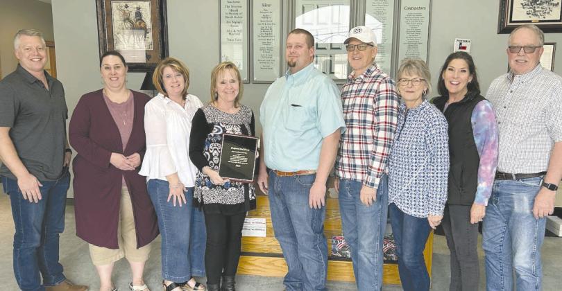 Preferred Beef Group of Booker was named the Corporate Citizen of the Year by the Perryton-Ochiltree Chamber of Commerce during its annual banquet on Feb. 22. Pictured from left are Preferred Beef owner/ partner Tyler Kruse, Chamber director Crystal Richardson, Wheatheart Council co-president Heather Dumcum, Wheatheart Council co-president Pam Chisum, plant manager Tanner Hopkins, owner/partner Bill Kruse, Debby Kruse, Kim Kruse, and owner/partner Scott Kruse.
