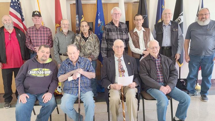 The Wolf Creek Chapter of the National Society Daughters of the American Revolution commemorated National Vietnam War Veterans Day on March 29 by recognizing and honoring local veterans of the Vietnam War during their regular meeting in March. Pictured are, from left, front row, Richard Cornelius, Larry Skinner, Bill Jarvis, and Senn Slemmons; and back row, Ken Schwalk, Danny Thurman, Arvel Wall, Charles Ludi, Bruce Roberson, Dan McDonald, Dempsey Malaney, and Freddie Bohannon.
