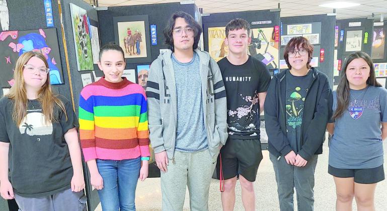 With Perryton High School’s annual art show open through May 15, art judges presented awards for the Best Portfolios in the show. Winners are, from left, Madison West (Art 4), Sadie Cummins (Art 2), Pedro Palacios (Art 3), Sean Newton (Photography 1), Milagros Espino (Art 1), and Emily Ochoa (Photography 2). Each portfolio winner received a $25 cash prize.