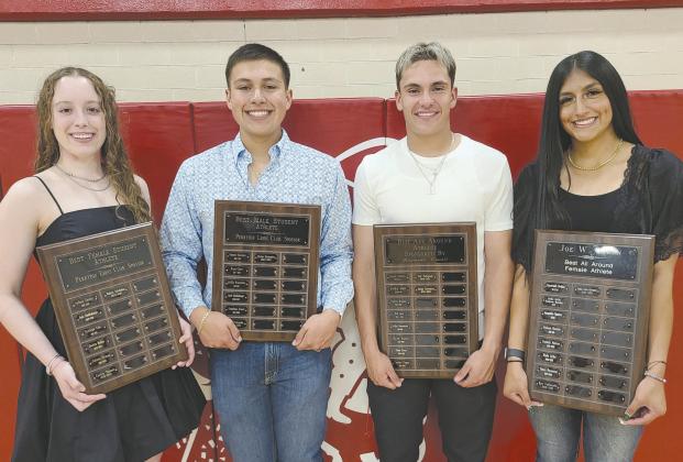 High school athletes were honored at the Perryton High School All Sports Awards Banquet on Monday evening. Students in every sport were recognized and honored by their coaches, with a number of awards presented. Among the top honorees were, from left, the school’s Best Student Athletes, Madelyn Schickedanz and Carlos Hernandez, and the Best All Around Athletes, Julian Cervantes and Analia Loera Cervantes.