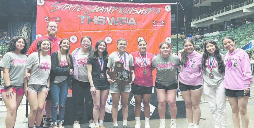 RETTES TAKE SECOND AT STATE The Rangerette powerlifting team captured second place in the state meet last week. In addition, Vanessa Chavira repeated for the second time with an individual state championship. Pictured, from left, are team members who attended the state meet, Alayna Lugo, Nevaeh Martinez, Natalie Mandujano, Yuliza Marquez, Natalie Estrada, Yeiri Rodriguez, Vanessa Chavira, Jackie Ramirez, Ivay Hernandez, Ruby Ramirez and Jimena Mandujano. In back is Coach Casey Arruda.