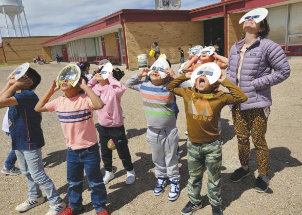 Students from Wright Elementary got to enjoy some time watching the solar eclipse on Monday afternoon. All students got their own pair of eclipse glasses so they could safely view the eclipse, but students in Donna Wright’s second grade class had their own paper plate-improved versions, partly so they’d make a better fit and partly for extra protection. Though Monday’s eclipse was only partial in Ochiltree County, the path of the total solar eclipse forecasted for August 2045 will pass over Perryton.