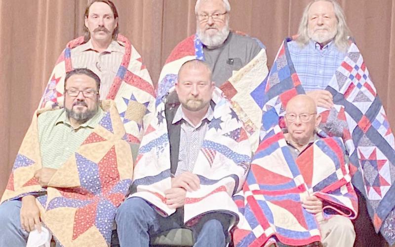 QUILTS OF VALOR PRESENTATION— The Friendship Quilt Guild held its annual Quilts of Valor presentation on Oct. 16. The first six recipients included, first row, from left, Frank Salgado Jr., Bear Knox and Butch Baker; and second row, Jordan Thomas, Freddy Bohannon and Terry Pillars.