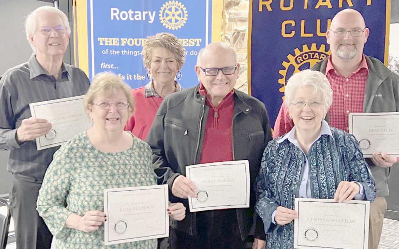 LONGTIME ROTARY CLUB MEMBERS— During the Perryton Rotary Club’s celebration of 85 years as a club, several long time members were recognized. They included, first row, from left, Ruth Roberson, 30 years; Kerry Symons, 28 years; and Cynthia Shattles, 35 years. In back are Bruce Roberson, 50 years, Shirley Howard 11 years; and Dent Felix, 11 years. Not pictured are Randy Brillhart, 35 years; Stephanie Pulpan, 18 years; and Monty Kinnard, 14 years.