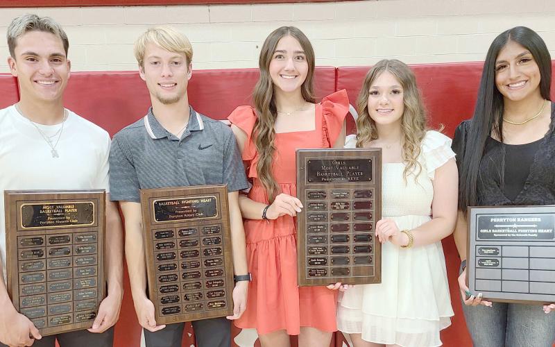Perryton High School’s basketball teams were honored on May 6 at the Perryton High School All Sports Awards Banquet. Pictured are, from left, Julian Cervantes, who brought home the boys MVP award; Britt Blackshear, winner of the boys Fighting Heart award; Mallee Vela and Aubrey Daugherty, winners of the girls MVP award; and Analia Loera Cervantes, who won the girls Fighting Heart award.