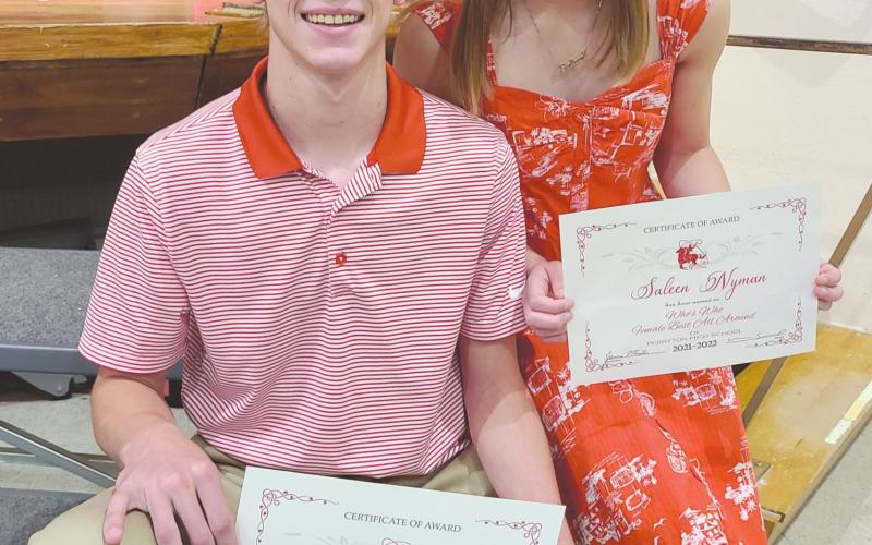 BEST ALL AROUND SENIORS In addition to the announcements of multiple local scholarships, the annual awards ceremony Wednesday morning included the announcement of this year’s Best All Around in the Class of 2022. They are, from left, Cuyler Feger and Saleen Nyman.