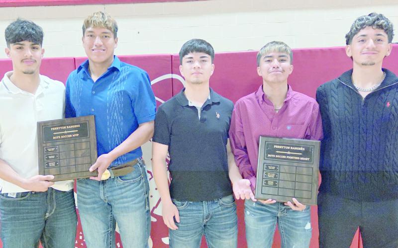 TOP PLAYERS IN BOYS SOCCER HONORED— Perryton High School’s boys soccer team was honored at the annual Perryton High School All Sports Awards Banquet. Pictured are, from left, Aviel Montes and Joel Alvarez, the team’s MVPs, and Iram Castillo, Ivan Guerrero, and Oziel Ramirez, who shared the team’s Fighting Heart award.