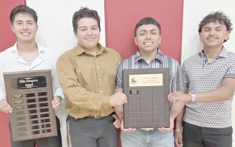 Perryton High School’s baseball players were honored at the All Sports Awards Banquet, held on May 4 at the school’s Rangerette Gym. Pictured are, from left, Jaxten Castanon, winner of the Mike Hargrove Award, and Jeremiah Hernandez, Saul Garcia, and Enrique Canssino, who shared the team’s Fighting Heart award.