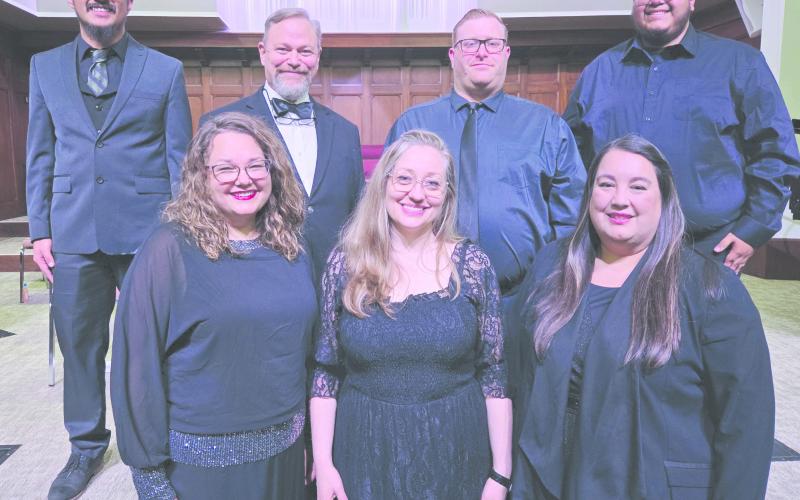 The 70th performance of George Frideric Handel’s “The Messiah” was held on Sunday, Nov. 30, at First Methodist Church in Perryton. The soloists for the performance were, from left, front row, Rachel Batenhorst, soprano, from Canyon, Larissa Cunningham, mezzo-soprano, from Borger, and Andrea Cruz, alto, from Amarillo; back row: Miguel Escobar, bass, from Perryton, Nathan Ellzey, bass, from Perryton, Brian warren, tenor, from Amarillo, and Caleb Aguirre, tenor, from Amarillo.