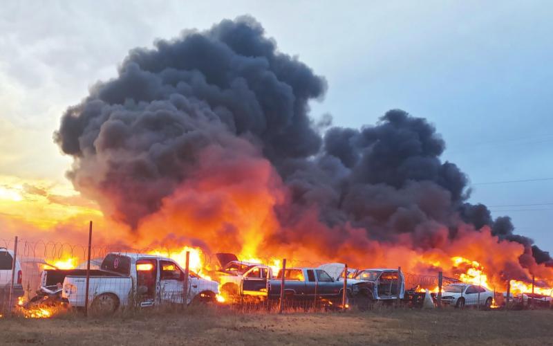 BLAZE BURNS THROUGH SALVAGE LOT A fire destroyed 175 salvage cars in a fire northwest of Perryton on Monday evening. Four trucks from the Perryton Fire Department carrying 14 fire personnel battled the blaze. There were no injuries or deaths from the fire.