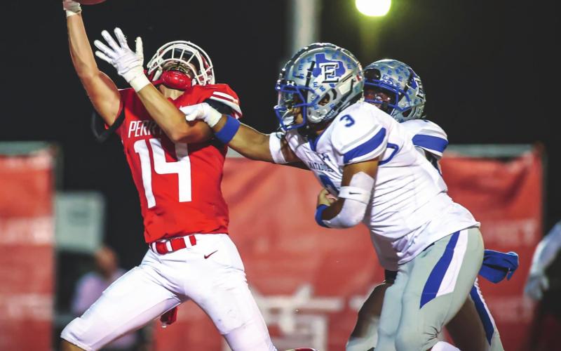 RANGERS FALL TO MATADORS Ranger sophomore Julian Cervantes #14 reaches for a pass but is unable to haul it in during the second half against the Matadors. The Rangers fell to Estacado, 31-10. See story for more information. (Photo courtesy of David Erickson)