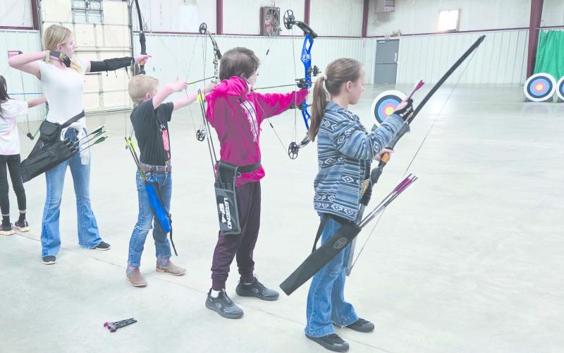 Ochiltree County 4-H Archery Club members have begun meeting and practicing their archery skills at the Ochiltree County Expo Center, in preparation for future competitions. The archery program at 4-H is always open to new participants — contact the Expo Center for more information. Pictured are, from left, Eden Salazar, Darlee George, Dawson Young, Gabe Love, and Gabrielle Heck.