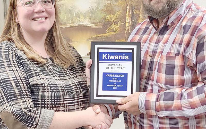 KIWANIAN OF THE YEAR—The Perryton Kiwanis Club recognized Chase Allison as their Kiwanian of the Year for 2024 during their annual banquet on Sept. 24. Pictured are, from left, presenter and Kiwanis treasurer Samantha Gonzalez, and Allison.