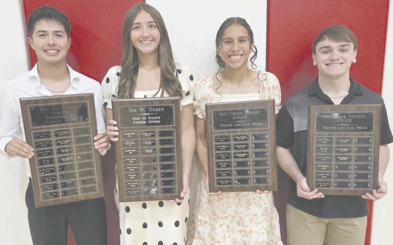 High school athletes were honored at the Perryton High School All Sports Awards Banquet on Monday evening. Students in every sport were recognized and honored by their coaches, with a number of awards presented. Among the top honorees were from left, the school’s Best All Around Athletes, Jaxten Castanon and Mallee Vela, and PHS’s Best Student Athletes, Aliyah Hernandez and Samuel DeSantiago.