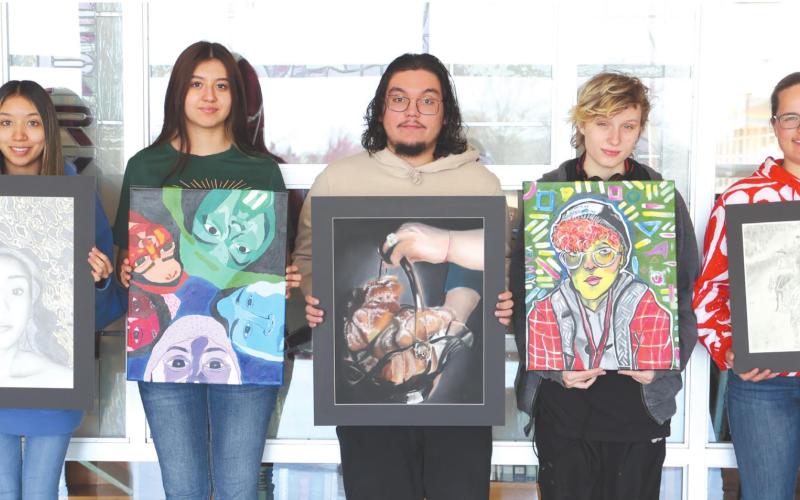 PERFECT ART—Five students from Perryton High School’s Art department were awarded Excellent ratings denoting perfect scores in the Visual Arts Scholastic Event (VASE) on Feb. 26. The online competition is sponsored by the Texas Art Education Association. Pictured are, from left: Denisse Enriquez (Art 4), Tania Rivero (Art 3), Adrian Navarrete (Art 3), Vex May (Art 2), and Maisy McGaughy (Art 1).