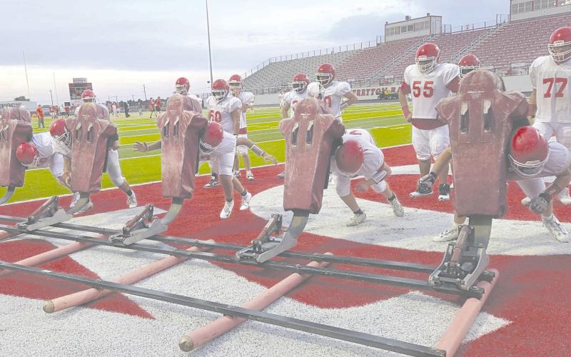 Perryton High School’s football teams are continuing daily practices as they prepare for the upcoming season. Linemen have been hard at work on the blocking sleds, building up strength and improving their blocking skills. Varsity, junior varsity, and freshman Rangers will play a scrimmage against the Bushland Falcons on Thursday, Aug. 20, here at home. The freshmen and JV will kick off at 5 p.m., while the varsity starts at 6:15 p.m.