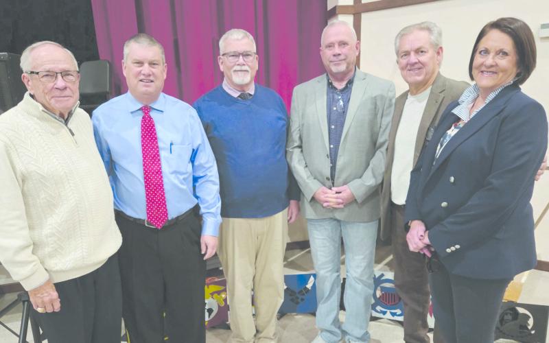 Perryton High School’s annual Veterans Day program brought together students of all ages to honor local veterans. In addition to presentations recognizing every veteran attendee, there were also musical and poetry performances. Pictured are, from left, registration volunteer Ken Splawn, Bill Bob Thrash and Keith Harris, who both led recognition of veterans, prayer leader Duce Cooper, master of ceremonies Marlon Sparks, and registration volunteer Lisa Yauck.