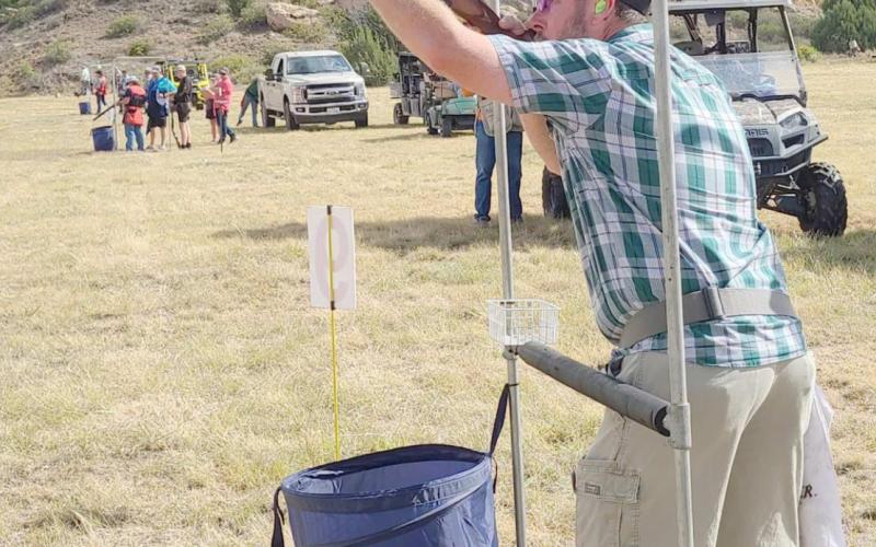 AIMING FOR VICTORY—The Perryton Ochiltree Chamber of Commerce’s annual Loaded Chamber sporting clays event brought in 68 shooting competitors from all over the area. Among the shooters was Steve Roberson of Pampa, taking aim at targets during the early phases of the competition.