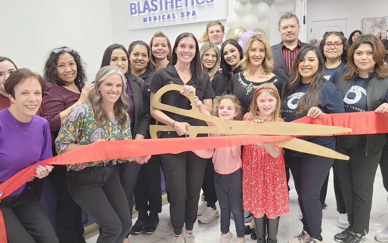 RIBBON CUTTING FOR BLASTHETICS AND AREA EYE CENTER— Perryton-Ochiltree Chamber of Commerce members, along with staff, family, and well-wishers, gathered recently for a ribbon-cutting ceremony to commemorate the grand opening of Blasthetics and Area Eye Center at 2309 S. Cedar in Perryton. Blasthetics is owned by Megan and Jay Blasingame, and Area Eye Center is owned by Dr. Stephanie Pulpan.