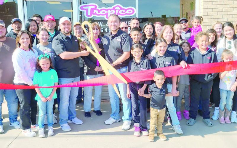 RIBBON-CUTTING HELD AT EL TROPICO— Members of the Perryton-Ochiltree Chamber of Commerce, along with friends, family, staff, and well-wishers were on hand for a ribbon-cutting ceremony for El Tropico at 10 SW 4th in Perryton. The ice cream shop is owned by Rafael Estrada And Gerardo Delgado.
