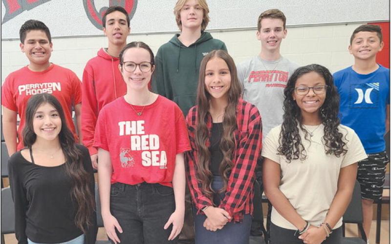 PHS SINGERS NAMED TO REGION CHOIR Perryton High School choir students attended Region and District auditions in Amarillo on Oct. 4, with nine students named to Region Choir. Pictured are, from left, front row, Brisa Araujo, Catey Thomas, Aliyah Hernandez, and Tiana Hill; second row, Gus Hernandez, Ever Campos, Caleb Jones, Miles Skipper, and Victor Sandoval.