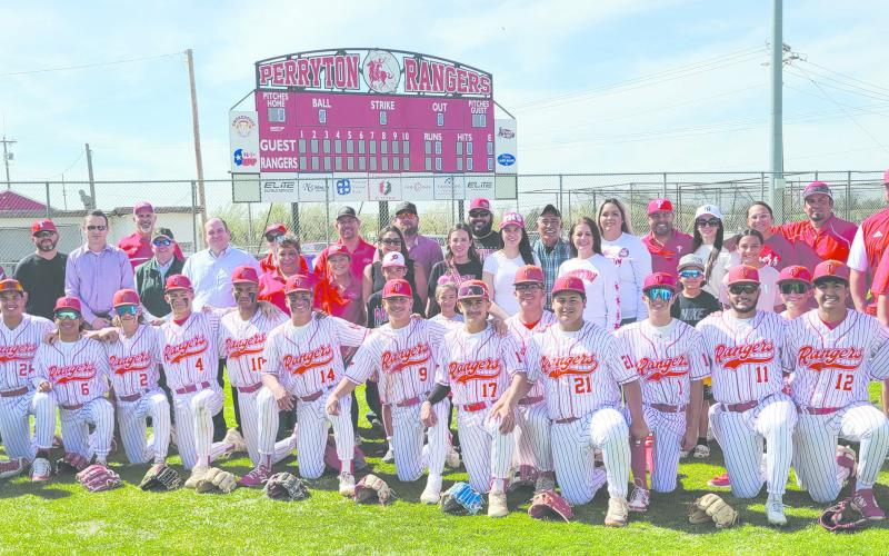 A new scoreboard for the Perryton High School Rangers baseball team was dedicated on Friday, April 5. The cost of the new scoreboard was $25,000, with sponsors including Elite Oilfield Services, Perryton National Bank, Plains Land Bank, KXDJ 98.3, Keith Potts, Elite Fishing and Rental, Farmers Insurance, N5 Wireline, the Smokehouse, Schilling Electric, and El Patron 99.5. Elite Oilfield Services also installed the scoreboard. Pictured are members of the Ranger baseball team, sponsors, and well-wishers.