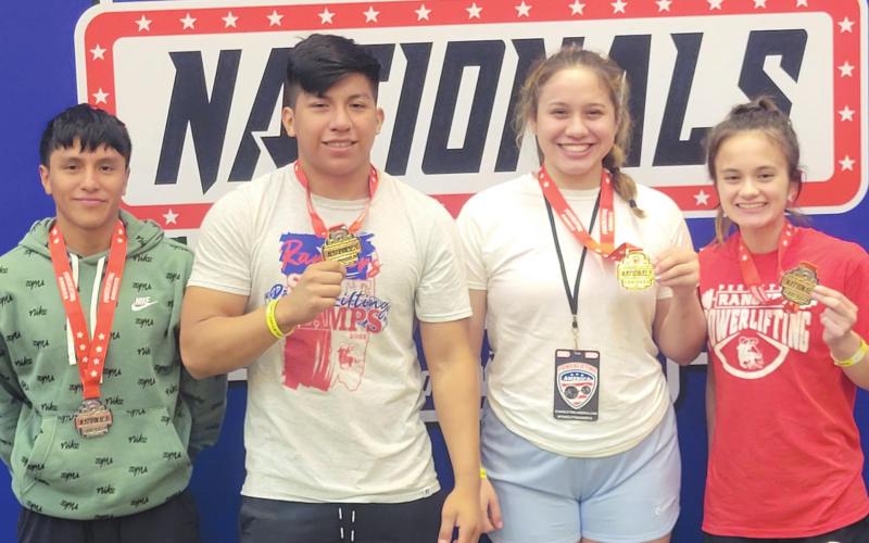 NATIONAL CHAMPIONS Four Perryton High School powerlifters competed in the National Meet in Orlando, FL, earning three national championships and one runner-up. Pictured, from left, are runner-up Jonathan Becerril, and national champions Christian Laja, Alejandra Salas and Saleen Nyman. All four were invited to join Team USA for the world championships in Istanbul, Turkey.