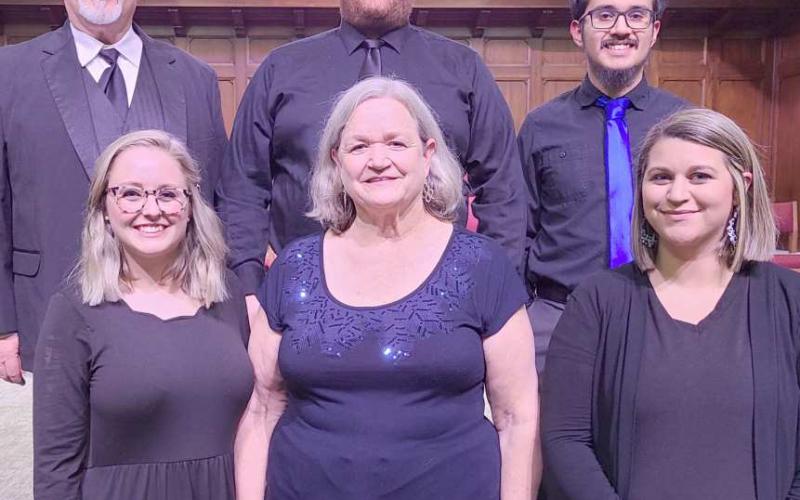 MESSIAH SOLOISTS—The 67th performance of George Frideric Handel’s “The Messiah” was held on Sunday, Nov. 27, at First United Methodist Church in Perryton. The soloists for the performance were, from left, front row, Morgan Farren (soprano), Jill Ellzey (alto), and TKaye Arruda (soprano); and back row, director Keith Harris, Brian Warren (tenor), and Miguel Escobar (bass). Not pictured is bass soloist Jim Baker. Farren and Warren were visiting soloists from Amarillo.
