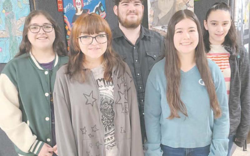 BEST ART PORTFOLIOS RECOGNIZED AT PHS—Art show judges presented awards for the Best Portfolios in the Perryton High School Spring Art Show. Winners are, from left, front row: Cristal Garcia (Art 2) and Lesly Pinon (Art 4); back row: Mayreli Navarrete (Art 3), Dakota Pearson (Photography 2), and Sadie Cummins (Art 1). Each portfolio winner received a $25 cash prize.