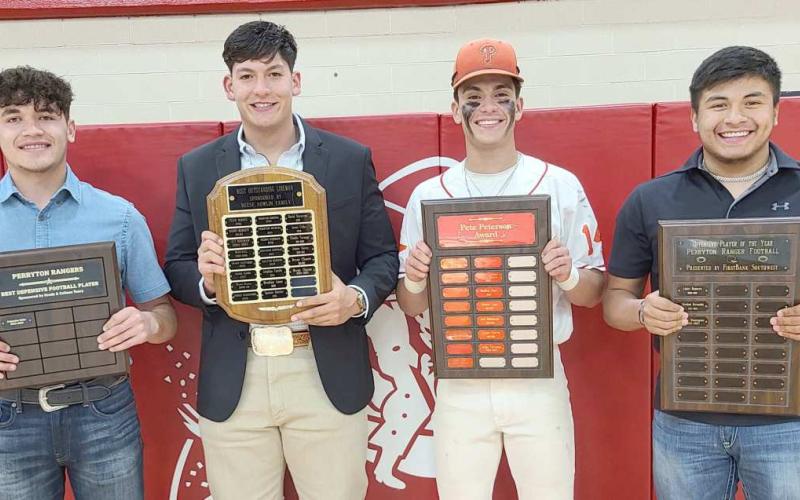 FOOTBALL HEROES—Perryton High School’s football team was recognized on Monday evening at the Perryton High School All Sports Awards Banquet. Pictured are, from left: Alejandro Uribe, Best Defensive Player; Bryan Chacon, Best Football Lineman; Julian Cervantes, Pete Peterson Award; and Isaias Dominguez, Best Offensive Player.